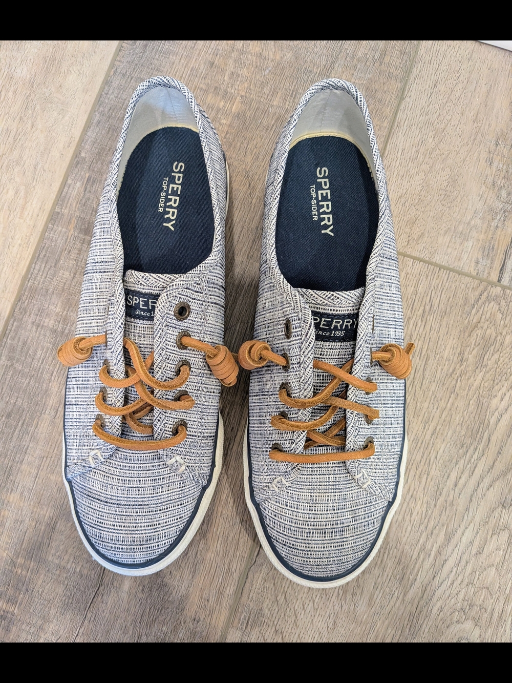 Sperry Women's Blue Slip On Sneakers  With Tan Leather Laces | 7